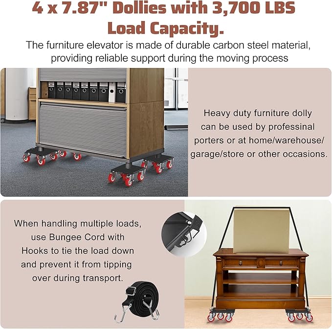 4 Packs Heavy Duty Furniture Dolly with 5 Wheels Rubber Silent Furniture Lift, 3700 lbs Load Capacity, Effortless Furniture Mover Kit Made of Premium Carbon Steel（Upgrade Large）