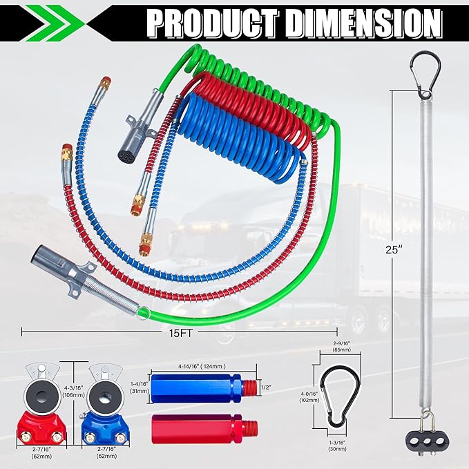 15Ft Air Brake Line Hoses & ABS Electrical Power Cord Assembly with Tender Spring Kit & Gladhands & Handles & Seals, Ailbiuko 1/2" NPT DOT Fittings Pigtail Trailer Semi Truck Air Hose