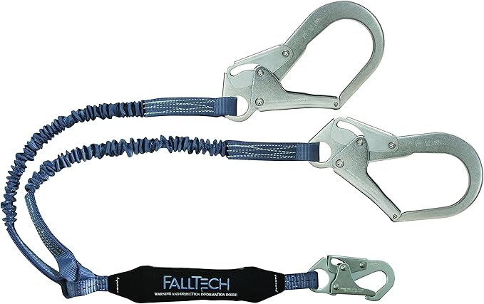 FallTech 8256ELY3 ViewPack, Elastic Core SAL - Y-Leg for 100% Tie-Off with 1 Snap Hook and 2 Rebar Hooks, 4 1/2' to 6', Blue/Black
