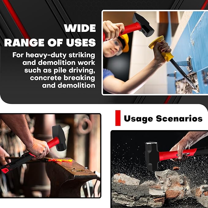 C&T 2 Piece Hammer Set, 3lb Sledge Hammer-Drilling Hammer & blacksmith hammer,mini sledge, cross peen hammer, Fiberglass & Soft No-Slip Handle,Perfect for Demolition, Construction and Blacksmithing