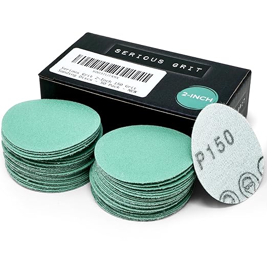 Serious Grit - 2-Inch 150 Grit Sanding Discs - Heavy-Duty Hook & Loop Film Discs - Sandpaper for Woodturning, Bowl Sanding & Power Tool Drill Attachment Sanding Pads - Pack of 50