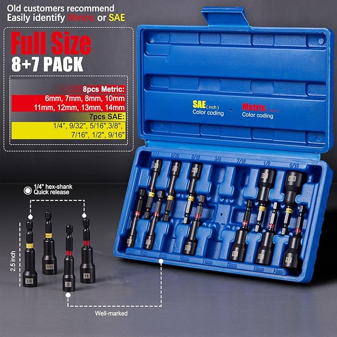 Magnetic Nut Driver Set for Impact Drill, 15 Pcs with Metric & SAE with Storage Case, Durable for Professional and Diy Projects