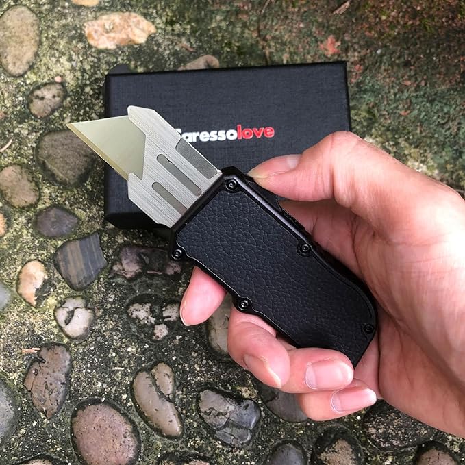 Automatic Utility Knife, Black Razor Blades Pocket Knife, Box Cutters Retractable Heavy Duty, Premium Safety Push Button Knife with 5PCS Blades