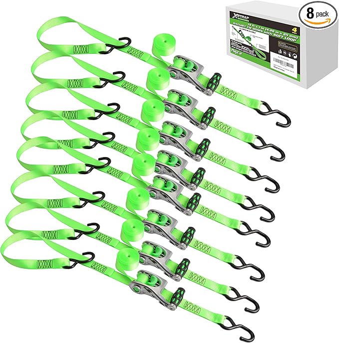 XSTRAP STANDARD 1in x 14ft Ratchet Straps with Ergonomic Aluminium Alloy Handle and Coated S-Hooks - 500 lb. Working Load Limit / 1,500 lb. Breaking Strength - Green, 8PK