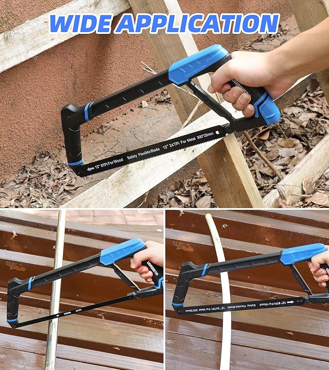 Hacksaw Frame Set, 12“ Hacksaw Frame, 6'' Hacksaw Frame and 10'' Mini Hacksaw, Including 8pc Extra Blades Multi-function for Metal Wood PVC Pipes