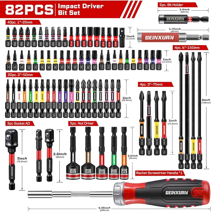 Impact Screwdriver Bits Set, Magnetic S2 Steel Phillips/Square/Torx/Hex 82Pieces Insert Power Bits Tips with Impact Bit Holder and Impact Nut Driver and Rachet Screwdriver Handle