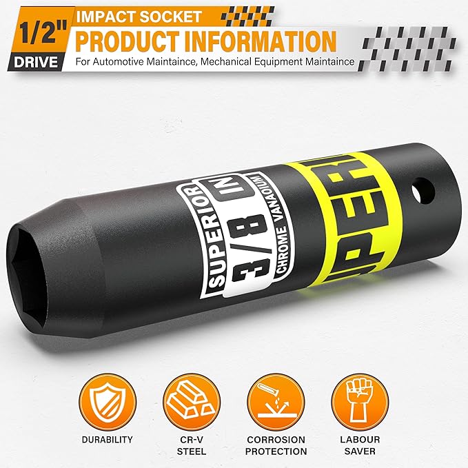 1/2" Drive Impact Socket, 3/8 inch Deep Socket, SAE, 6 Point, CR-V, for Car Repair, Loosen the Fastening Nut
