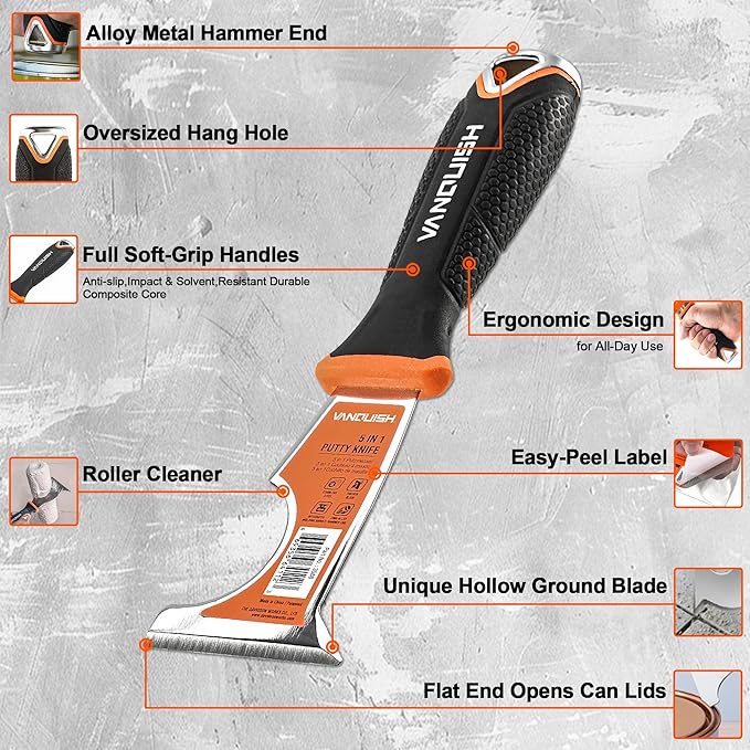 VANQUISH 5 In 1 Stainless Steel Putty Knife, Multi Use Paint Scraper Tool with Soft TPR Handle and Metal Hammer End, Caulk Removal Tool, Paint Can Opener, Paint Remover, Wallpaper Scraper 3588