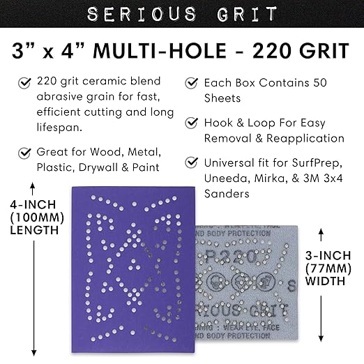 Serious Grit - 3" x 4" 220 Grit Sanding Sheets - Advanced Ceramic Grain - Universal Multi-Hole Design Fits Surfprep, Uneeda, Mirka, 3M, & Any 3x4 Sanders - Heavy-Duty Hook & Loop Film-Backed - 50 Pack