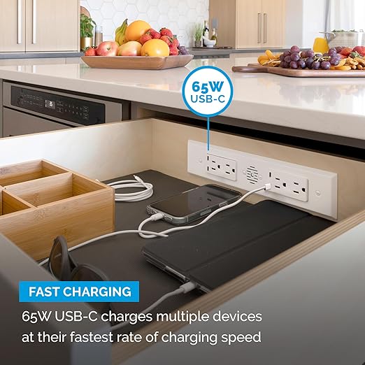Docking Drawer Blade Duo in-Drawer Outlet, Integrated Safety Shutoff, (4) 65W USB-C & (4) 15 amp AC, Stainless Steel