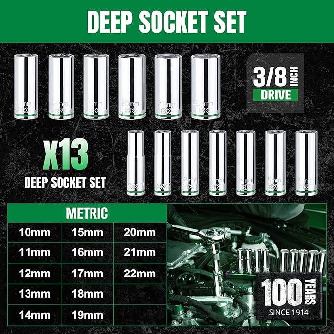 SK 3/8" Drive Socket Set, Deep Metric Sockets, 13-Piece 10-22mm, SuperKrome Finish, Premium CR-V Construction, with Aluminum Socket Organizer