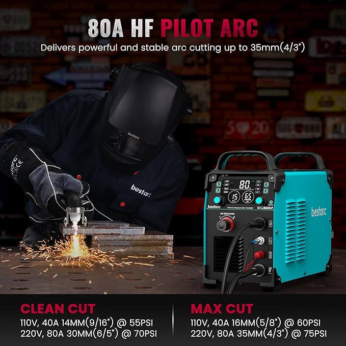 bestarc Plasma Cutter, [Pilot Arc] [Large LED Display] [Air Sensor] 80A bestarc Plasma Cutter Machine 110/220V Dual Voltage, 7/8 Inch Clean Cut 1.38 Inch Max Cut, Post Flow 2T/4T for Beginners DIY