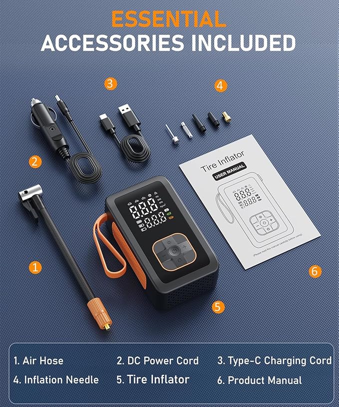 Tire Inflator Portable Air Compressor - 150PSI & 15000mAh Dual Power (Cordless & 12V DC) Car Air Pump, 3X Faster 36L/Min Electric Tire Pump with Digital Gauge, LED Light for Car, Bike, Ball