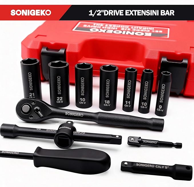 Socket Set 3/8" Drive Impact 95-Piece 6 Point Deep, Standard SAE and Metric CR-V Steel Sockets with Drive Ratchet Handle (3/8" 95 PCS Socket Set,Metric and SAE)