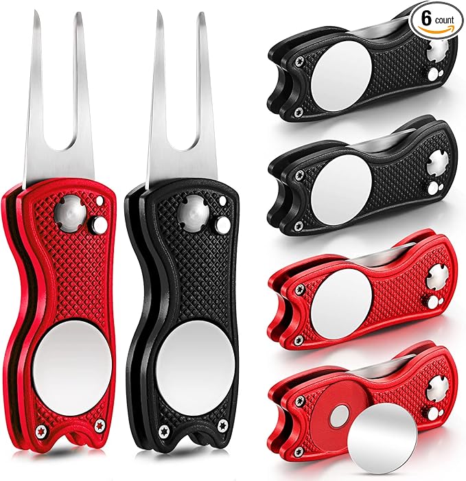 6 Packs Golf Repair Tool Stainless Steel Foldable Golf Divot Tool Magnetic Button Ball Marker