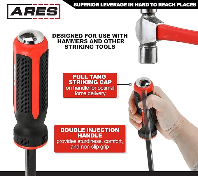 ARES 46008-3-Piece Pry Bar Set - 8-Inch, 12-Inch, and 17.5-Inch Pry Bars - Angled Tip for Lifting and Prying - Comfortable Non-Slip Double Injection Handle - Heavy Duty Striking End Cap