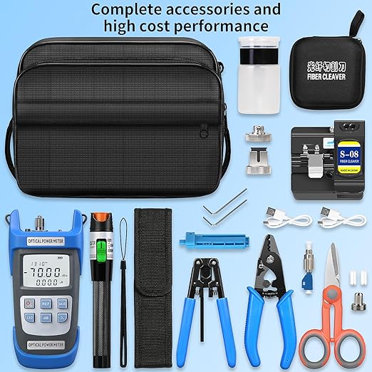 Fiber Optic Terminal kit 10-in-1 FTTH Tool kit Equipped with S-08 Optical Fiber Cleaver and Rechargeable Optical Power Meter A-C710A (-70~+10dBm) Well as Stripper Fibre Tool kit