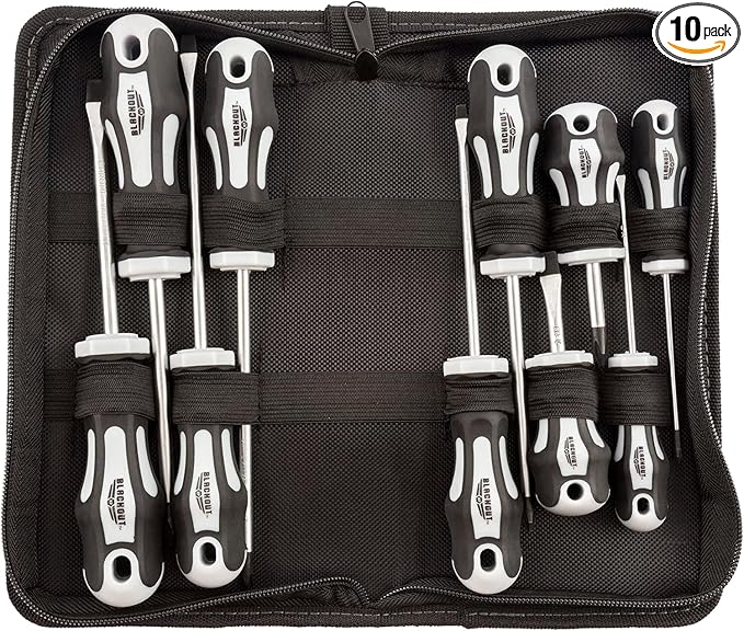 Blackout XP 10-Piece Slotted & Phillips Screwdriver Set Plus Zippered Carrying Bag | Precision Magnetic Screwdriver Tool Set, Black (10 Piece)