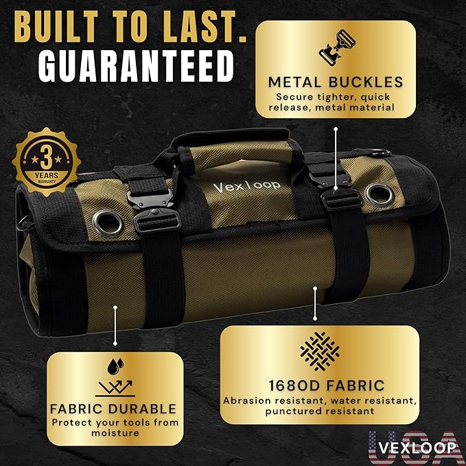 Heavy-Duty Tool Roll Bag Organizer Aluminium Clasp | Ultra Thick & Puncture Resistant Mechanic Roll tool Bag for Truck, Jeep & Car | Large Capacity Overland Gear Storage | Roll Up Tool Bag Organizer