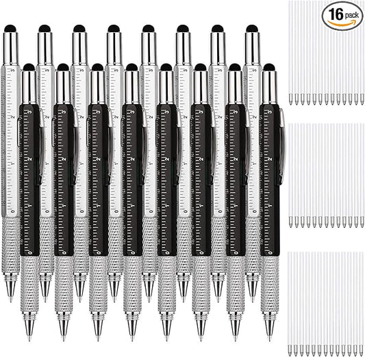 Zhanmai 16 Pcs Multitool Pens 6 in 1 Multi-tool Pen Set with Refills for Men's Birthday Gifts, Christmas Stocking Stuffers for Men Dad Husband (Black,Silver)