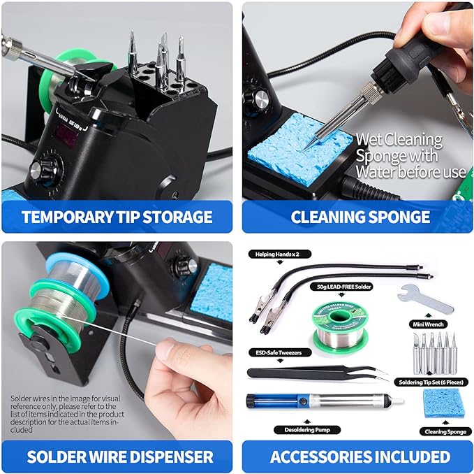 YIHUA 926 III 60W Digital Display Soldering Iron Station Kit w 2 Helping Hands, 6 Extra Iron Tips, Lead-Free Solder, Solder Sucker, S/S Tweezers, 째C/쨘F Conversion, Auto Sleep & Calibration Support