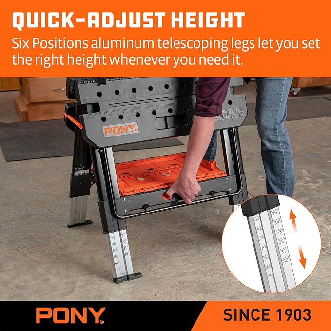 Pony Portable Folding Work Table, 2-in-1 as Sawhorse & Workbench, 31??W횞25??D횞25??35?쒱, Large Load Capacity with 4pcs Clamps, 4pcs Bench Dogs