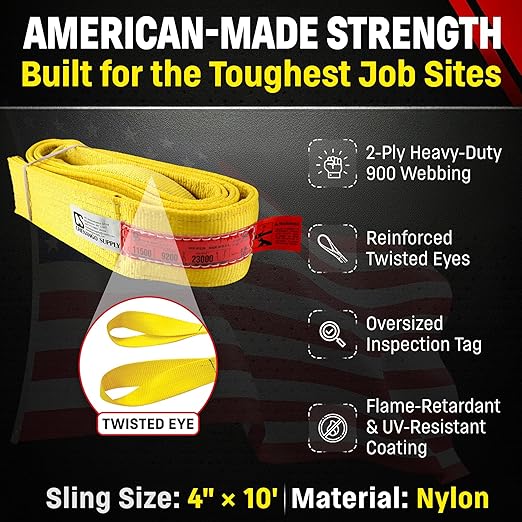 DD Sling 4 Inch x 10 Foot Nylon Lifting Sling – USA Made, 11,500 lb Vertical, 9,200 lb Choker, 23,000 lb Basket – 2-Ply Heavy Duty 900 Webbing, Type 4 Twisted Eye & Eye Rigging Sling