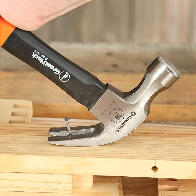 GreatNeck HG16C 16 Oz. Fiberglass Curved Claw Hammer, Household & Industrial Construction Hammer, Drive & Pry Nails, Frame a Home Addition, Fix a Leaky Roof, & More, Rugged Fiberglass Handle
