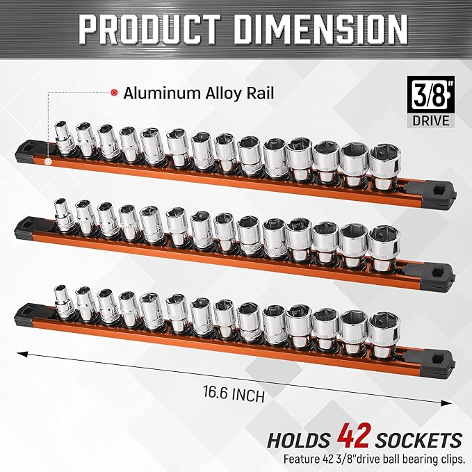 ALOANES 3-Piece Magnetic Socket Organizer, Heavy Duty Aluminum Socket Rails Organizer, 360째 Swivel Clips Socket Rail Set For Sockets Storage, 3/8-Inch Socket Holder x 42 Clips (Orange)