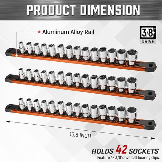 ALOANES 3-Piece Magnetic Socket Organizer, Heavy Duty Aluminum Socket Rails Organizer, 360째 Swivel Clips Socket Rail Set For Sockets Storage, 3/8-Inch Socket Holder x 42 Clips (Orange)