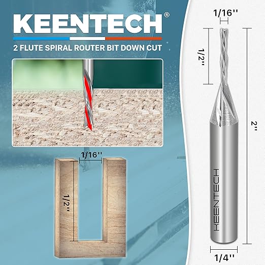 KEENTECH 1/4" Shank Downcut 2 Flute Flat Tip Sprial Router Bit for CNC Router Machine, 1/16" Cutting Diameter, 1/2" Cutting Depth, for Wood Cutting, Custom Furniture, Slot Mortise, Engraving, Carving