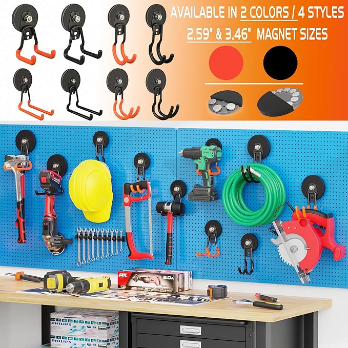 ULIBERMAGNET New Updated Strong Magnetic Hooks,2 Pack Heavy Duty Large Magnetic Hooks for Extension Cord, Cable, Hose, Power Cord,Rope,Drill,Jig Saw,Circular Saw,Garden Lawn Tools (Orange/3.46inch)