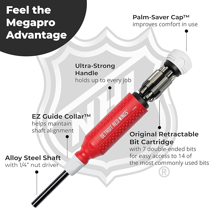 MEGAPRO짰 NHL짰 Team Edition Multi-bit Screwdriver | Officially Licensed NHL짰 Gear | Durable, Ergonomic, Pro-Grade Screwdriver (Detroit Red Wings짰)