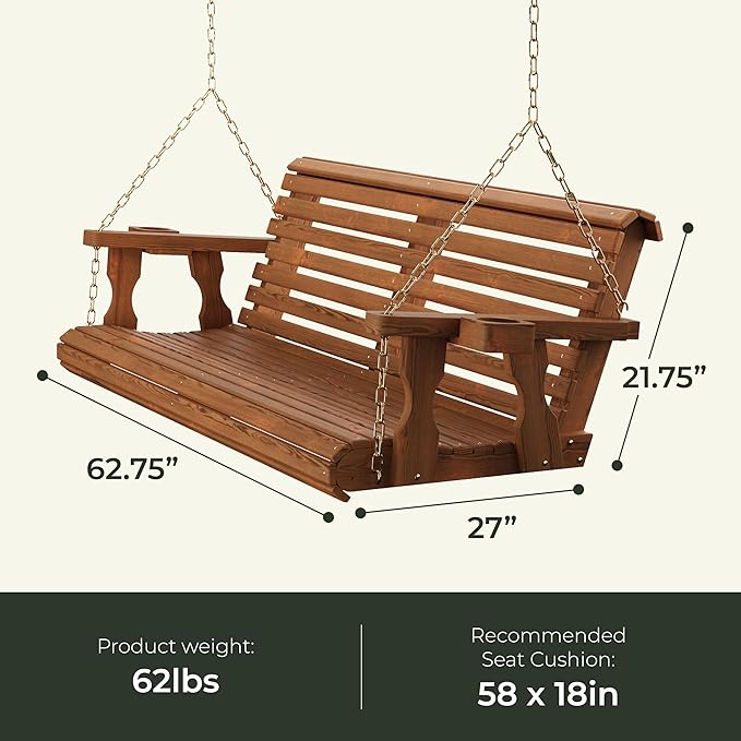 Amish Casual 5 Foot Roll Back Porch Swing with Cup Holders in Unfinished - Amish Made in The USA from Treated Pine Heavy Duty 700 Lb. Weight Capacity