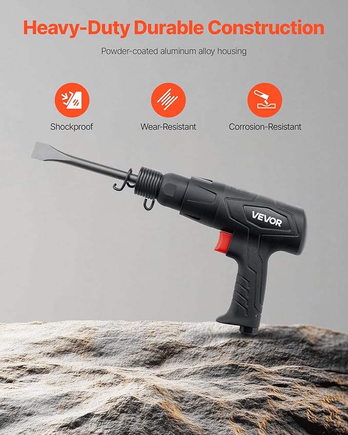 VEVOR Air Hammer, 2500-2700BPM Pneumatic Hammer with 2.76-inch Stroke & 4PCS 6.7" Long Barrel Chisels, Pistol-Grip Compact Air Chisel Pneumatic Shovel Tool for Cutting Scraping Demolishing