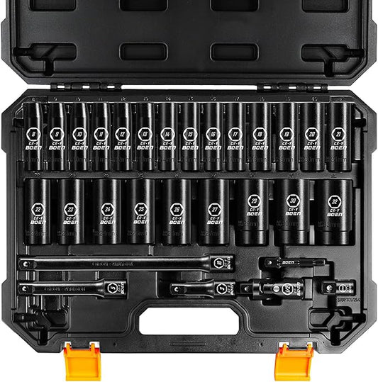 boen 8mm-32mm 1/2??Drive Metric Socket Set, Impact Deep Socket, 6 Point Lug Nut Socket for Auto Repair with Portable Case, CR-V Steel, 29PCS