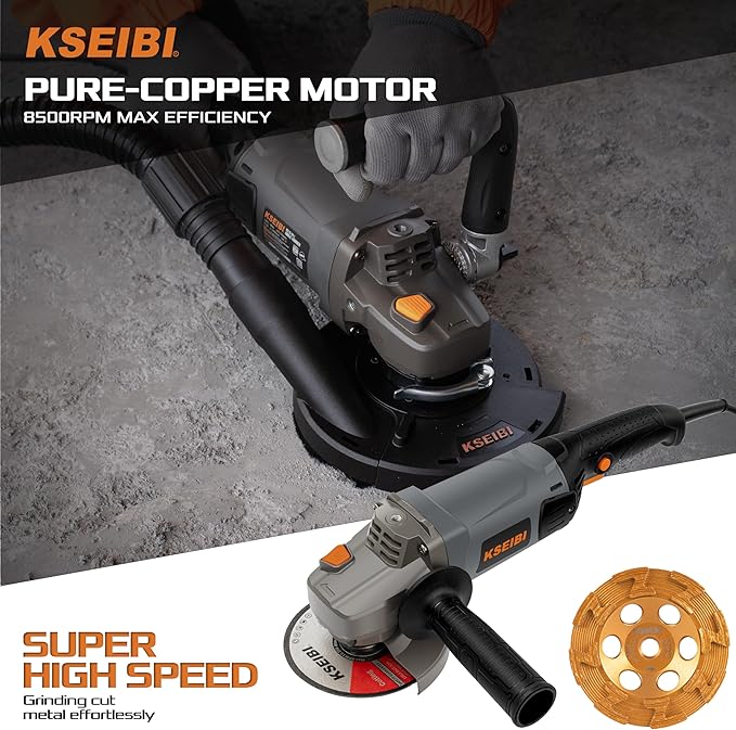 KSEIBI Concrete Angle Grinder Machine 5-Inch, Metal Grinding Tools 11.5Amps (1400 watt) with Safety Guard, Diamond Cup Wheel, Dust Shroud, and Carry Bag