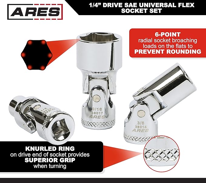 ARES 39014 ??7-Piece 1/4-Inch Drive SAE Universal Flex Socket Set ??6-Point Sockets from 3/16-Inch to 9/16-Inch - Universal Joint Flex Design For 360 Degree Access ??High Visibility Laser Markings