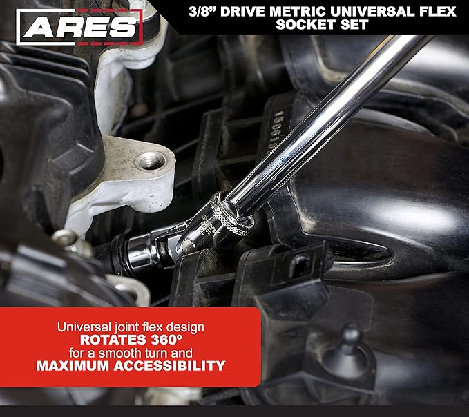 ARES 39015 ??10-Piece 3/8-Inch Drive Metric Universal Flex Socket Set ??6-Point Sockets from 10mm to 19mm - Universal Joint Flex Design For 360 Degree Access ??High Visibility Laser Markings
