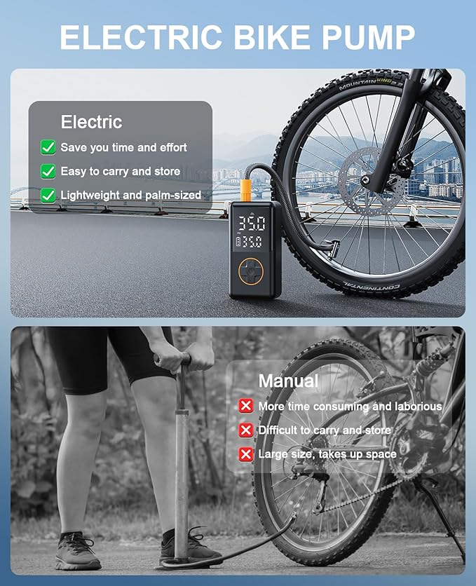 Tire Inflator Portable Air Compressor - 150PSI Electric Bike Pump, Auto Shut Off & Digital Pressure Gauge, Cordless Air Pump for Car Tires, Motorcycles, Balls with LED Light