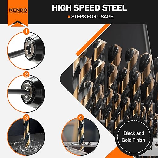 KENDO 29PC Drill Bit Set, 1/16"-1/2" Size 135째 Tip HSS with Black and Gold Finish with Storage Case, Twist Jobber Length Drill Bit Kit for Cast Iron, Hardened Metal, Stainless Steel, Plastic and Wood