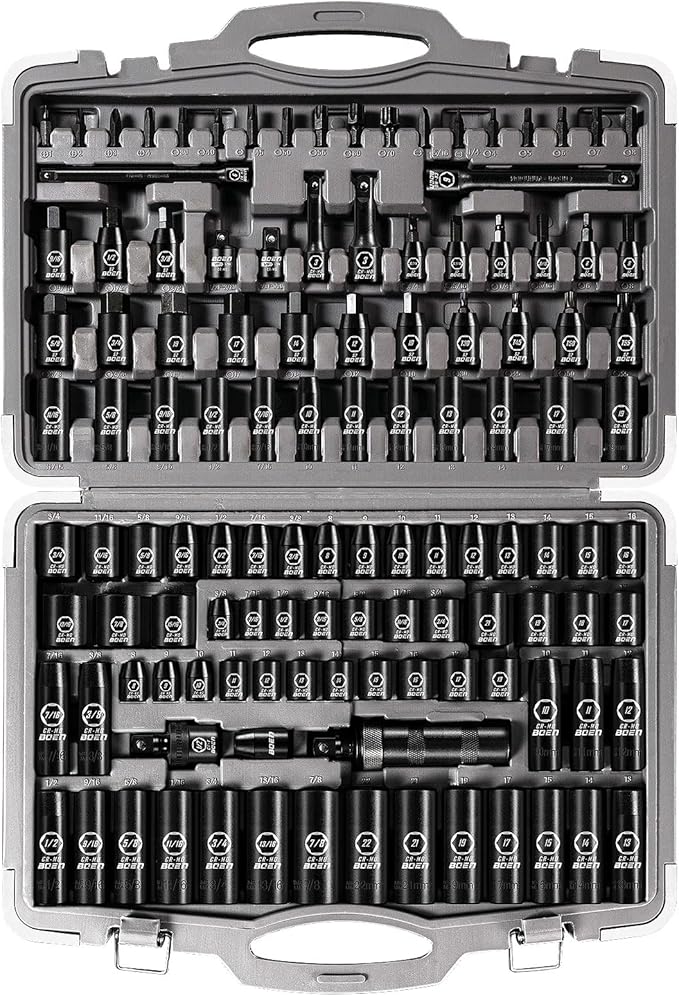 boen 119 Piece Impact Socket Set, 1/2" & 3/8" Drive Socket Set Deep/Shallow SAE/Metric, Cr-MO & S2, 6 Point, Impact Bit, Allen Sockets Included