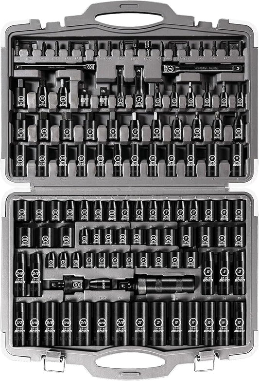 boen 119 Piece Impact Socket Set, 1/2" & 3/8" Drive Socket Set Deep/Shallow SAE/Metric, Cr-MO & S2, 6 Point, Impact Bit, Allen Sockets Included