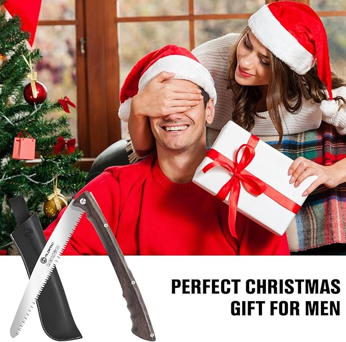 Folding Pruning Saw 10 Inch with Leather Sheath and Wenge Wooden Handle, SK5 Steel Blade, Foldable Hand Saw for Camping, Survival, Wood Cutting, Bushcraft and Tree Trimming
