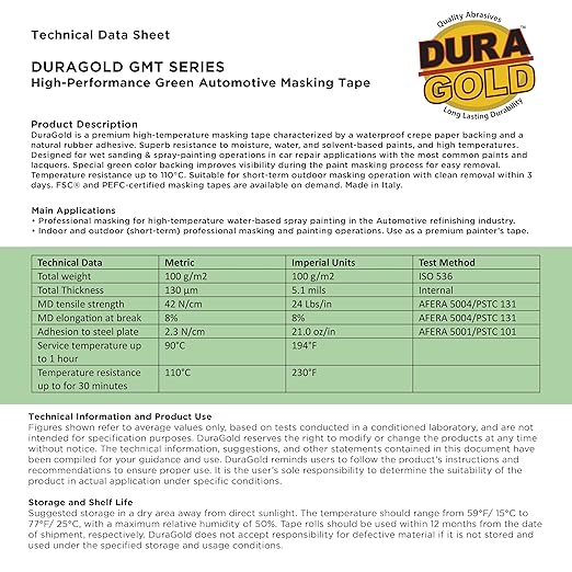 Dura-Gold Green Automotive Masking Tape 2 Inch (1.88 Inch x 55 Yards), 2 Rolls - Premium High-Performance, Heat Resistant - Auto Refinish Painting, Car Detailing, Autobody, Industrial, Painters Tape