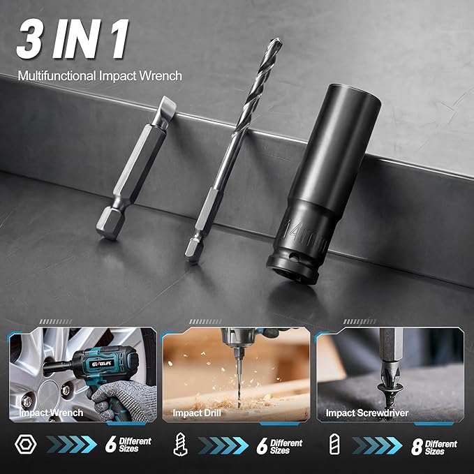 GEVEELIFE Impact Wrench 520Ft-lbs(700N.m) Brushless, 1/2 Impact Gun with 2x4.0Ah Battery, Cordless Impact Wrench, 6 Sockets, 8 Drill Bits, 3300RPM Power Electric Impact Driver for Car/DIY Furniture