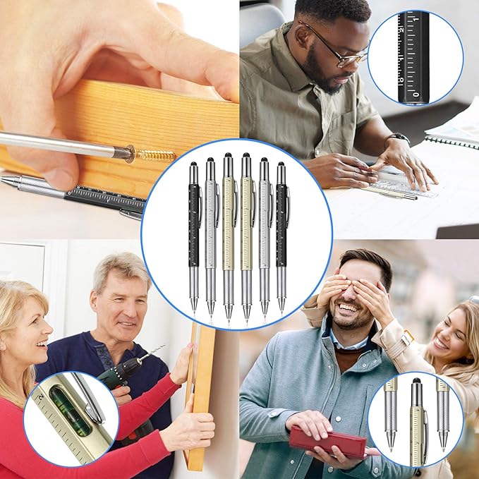 Honoson 30 Pcs Tool Pen for Men Gift 6-in-1 Multitool Tech Tool Pen with Ruler, Level Gauge, Ballpoint, Stylus, Screwdriver and Slotted Screwdriver Multifunction Gift for Him Dad Father Day