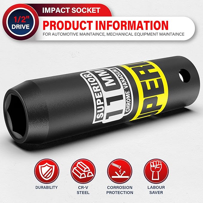 1/2" Drive Impact Socket, 11 mm Deep Socket, Metric, 6 Point, CR-V, for Automotive Maintaince, Mechanical Equipment Maintaince