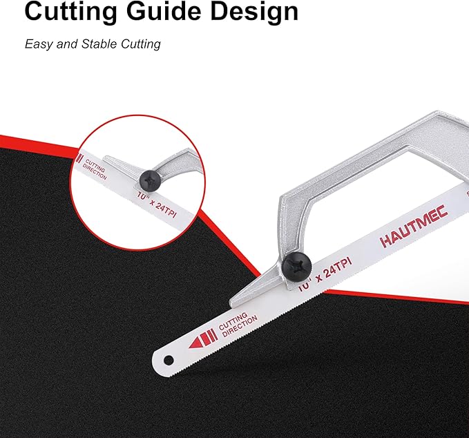 HAUTMEC Compact Hacksaw, Mini Hack Saw with 3Pcs 10" Bi-Metal HSS Blade, Cutting Guide Design & Tool-Free Screws, Small Hand Saw for Metal Wood PVC, Especially Cuts in Tight Hard-Reach Spaces –HT0426