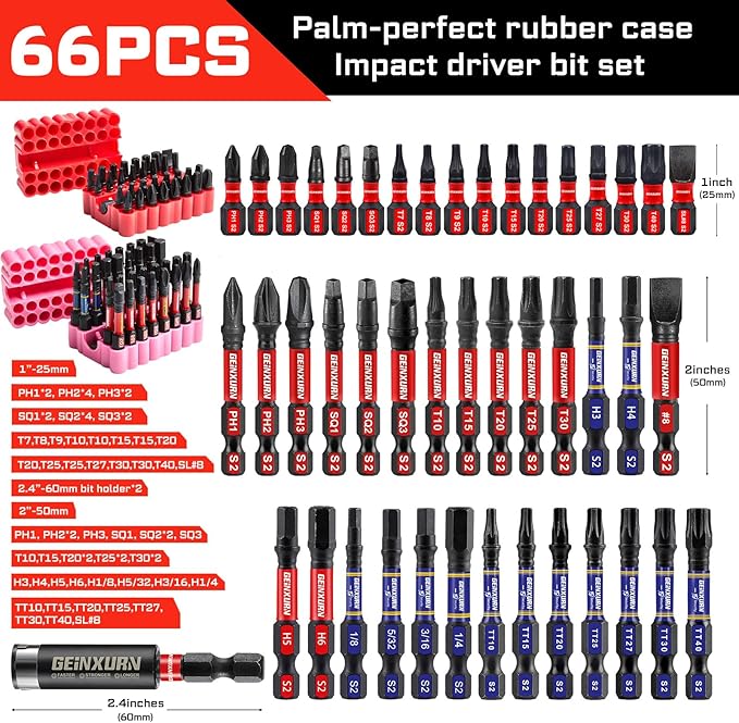 Impact Screwdriver Bits Set, 66 Pieces 1??2?쒶ulti Head Magnetic S2 Steel Driver Bits PH/SQ/Torx/Slotted/Hex/Security Torx With Soft Base